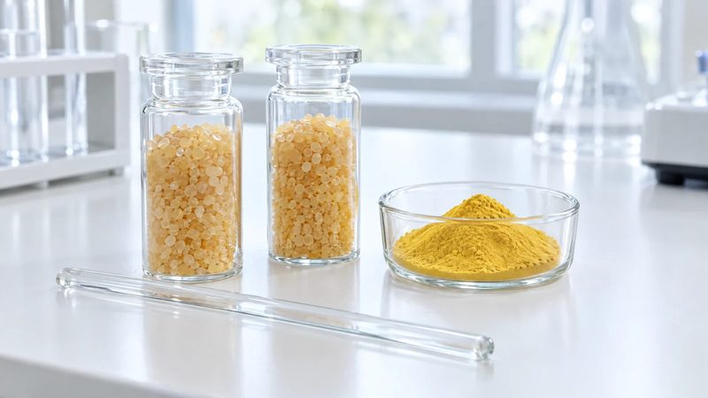 Glass vials of golden lecithin granules and a dish of yellow plant powder on a white lab bench.