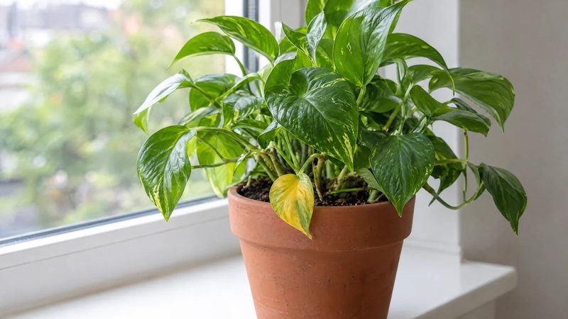 Green houseplant in a terracotta pot by a window, with one yellowing lower leaf among healthy green leaves.