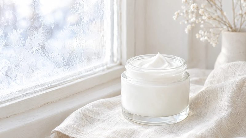 Plain glass jar of thick white cream on pale linen next to a frosted window in soft winter light.
