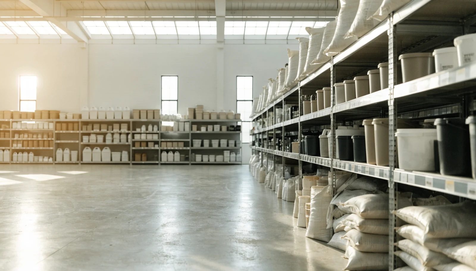 A bright agricultural supply store aisle stacked with plain unbranded containers.
